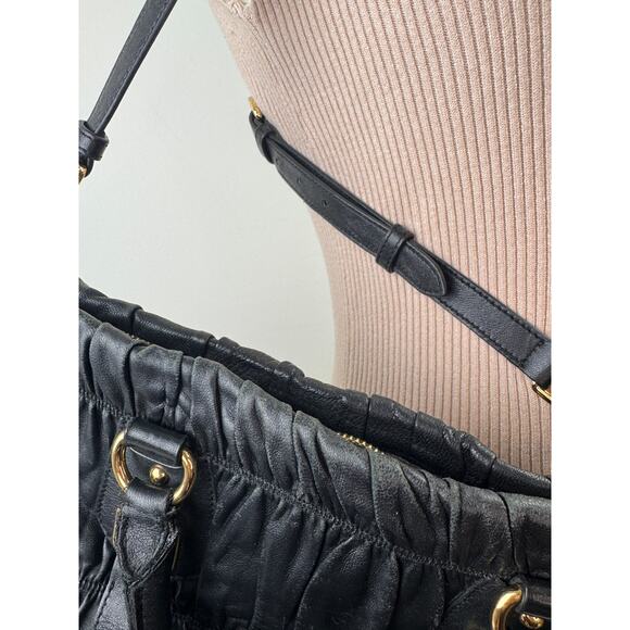 PRADA Nappa Gaufre Handbag Black Gold Leather Crossbody Strap Tote Bag Large - Picture 7 of 13